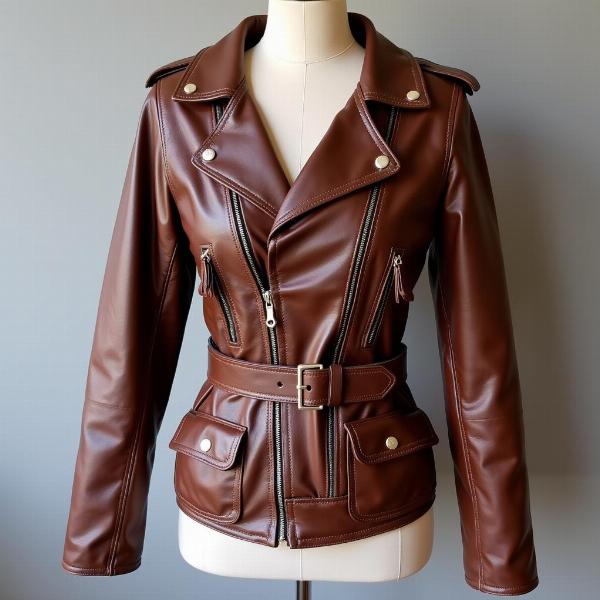 Blouson moto cuir femme marron style vintage avec détails