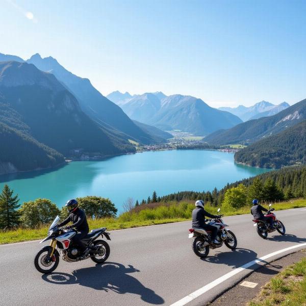 Vue panoramique du BMW Motorrad Grand Prix Motos Annecy avec le lac et les montagnes en arrière-plan