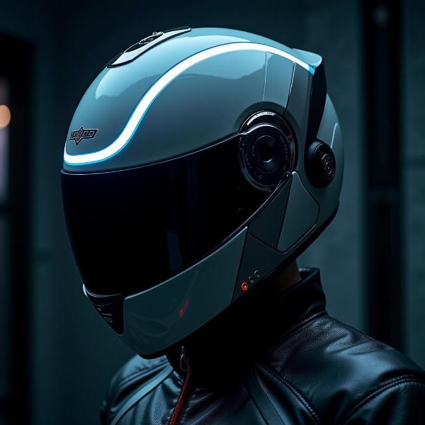 Casque moto cyberpunk với thiết kế đèn LED futuriste, tích hợp công nghệ hiện đại.