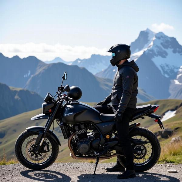 Portrait d'un motard au sommet du Col du Galibier avec sa moto