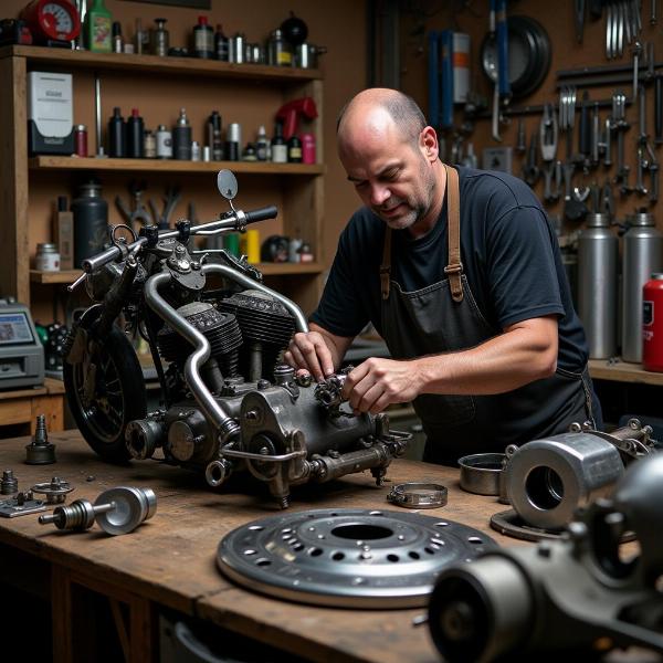 Un créateur de motos dans son atelier, entouré d'outils et de pièces détachées.