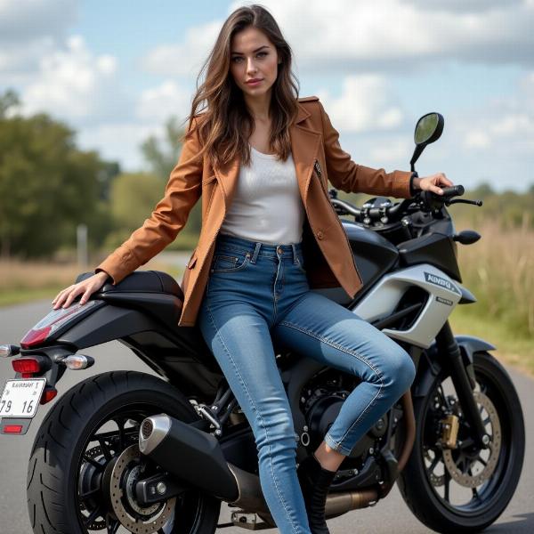 Femme portant un jean moto stylé sur sa moto