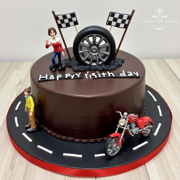 Gâteau d'anniversaire thème moto décoré avec une roue