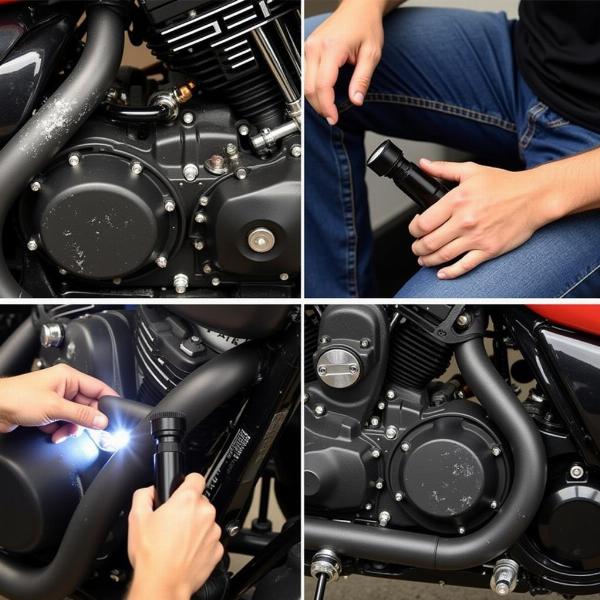 Inspection minutieuse du moteur et de la carrosserie d'une moto d'occasion