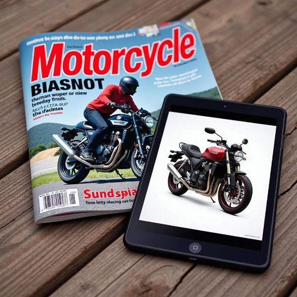 Un magazine moto à côté d'une tablette numérique