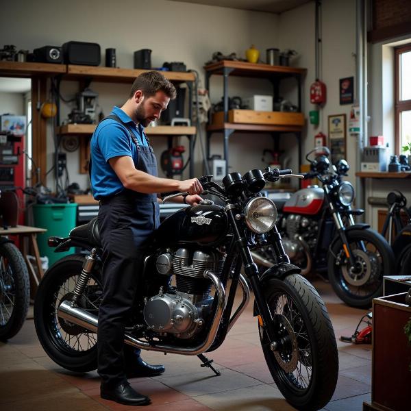 Mécanicien travaillant sur une moto dans un atelier à Cahors