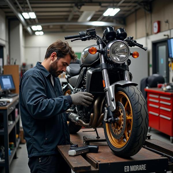 Mécanicien travaillant sur une moto dans un atelier à Saint-Brieuc