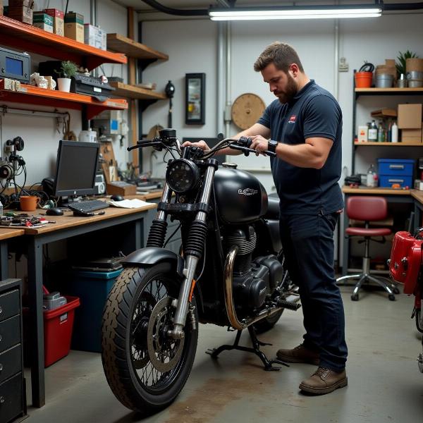 Mécanicien réparant une moto dans un atelier