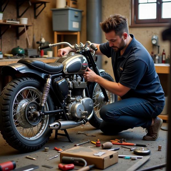 Mécanicien restaurant une moto ancienne 125 dans son atelier