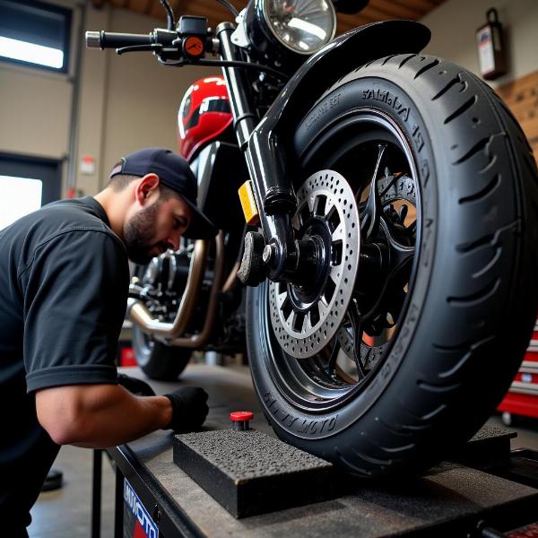 Équilibrage Pneu Dafy Moto - Gros plan sur une machine d'équilibrage de pneus dans un atelier Dafy Moto. Un mécanicien vérifie l'équilibre d'un pneu moto.