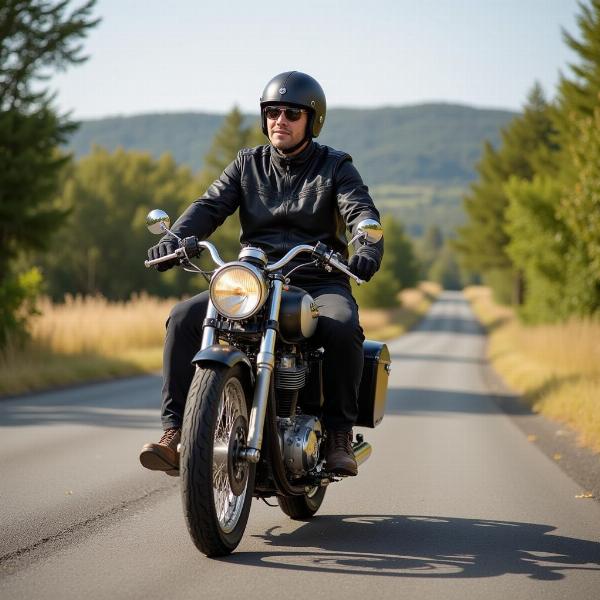 Motard en équipement vintage conduit sa moto sur une route de campagne