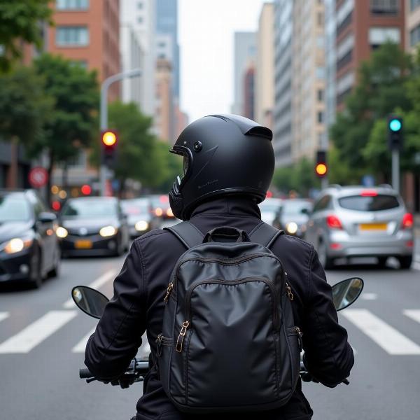 Motard avec masque anti-pollution dans la circulation