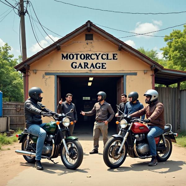 Motards discutant devant un garage moto