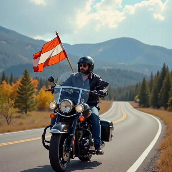 Moto avec drapeaux sur la route