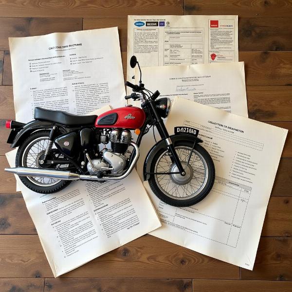 Moto de collection et carte grise: Illustration d'une moto de collection et des documents nécessaires pour l'immatriculation.