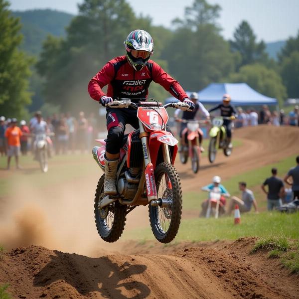 Rider professionnel de moto cross en pleine action sur une piste difficile