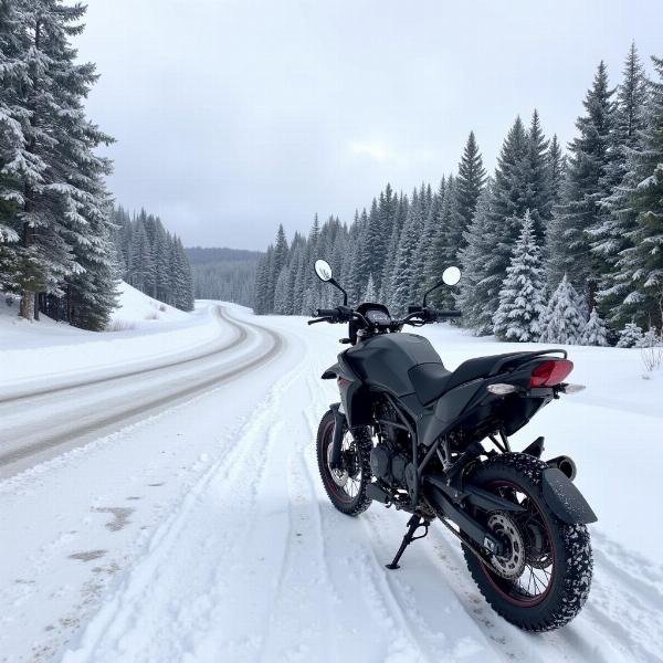 Moto sur une route enneigée en hiver