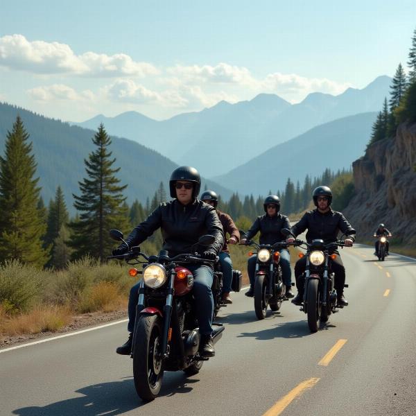 Motards en groupe sur la route, partageant un moment de camaraderie.