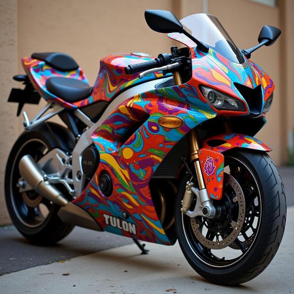 Peinture personnalisée d'une moto sportive avec des motifs abstraits et des couleurs vibrantes