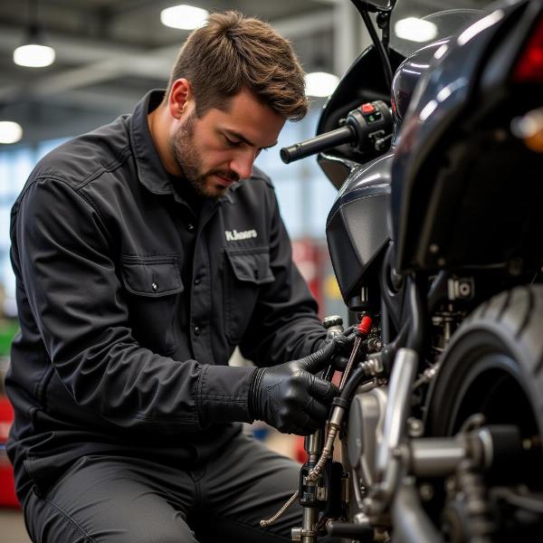 Mécanicien installant une pièce moto