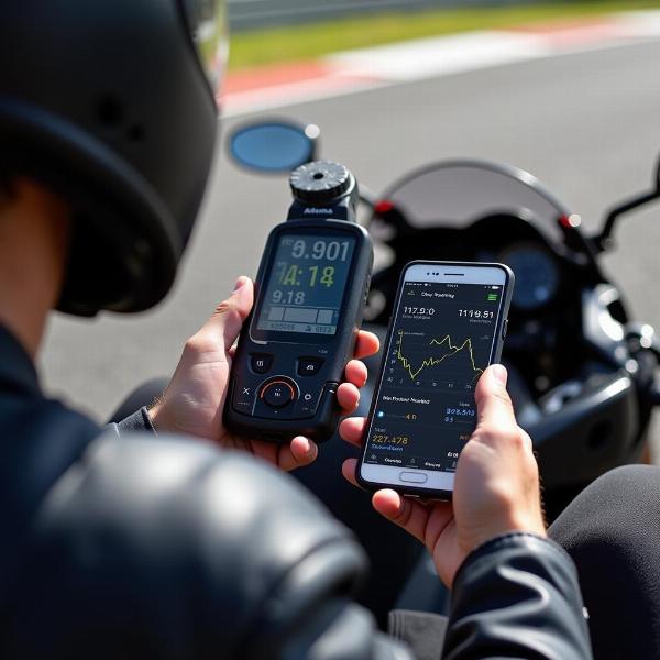 Pilote moto analysant les données de son chronomètre