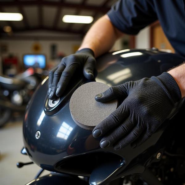 Ponçage du plastique de la moto pour améliorer l'adhérence de la peinture