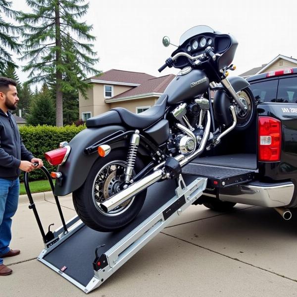 Chargement d'une moto lourde sur un porte-moto Sawiko