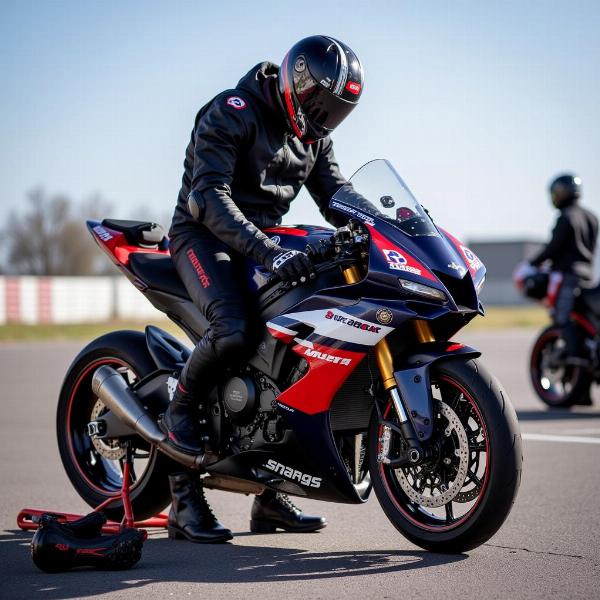 Un pilote préparant sa moto pour une session sur le circuit de Nogaro, vérifiant les pneus et l'équipement.