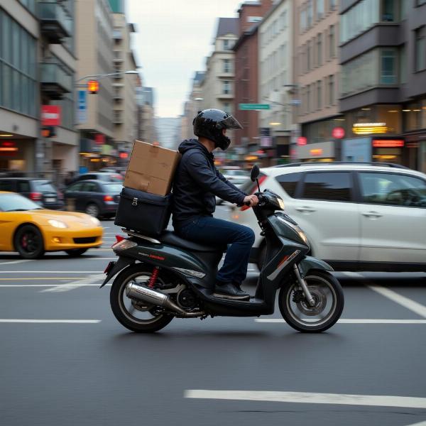 Coursier à moto en ville