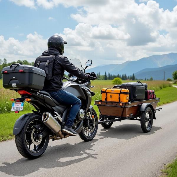 Remorque bagagère attachée à une moto pour un long voyage