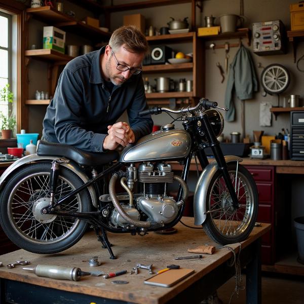 Restaurateur de moto ancienne dans son atelier