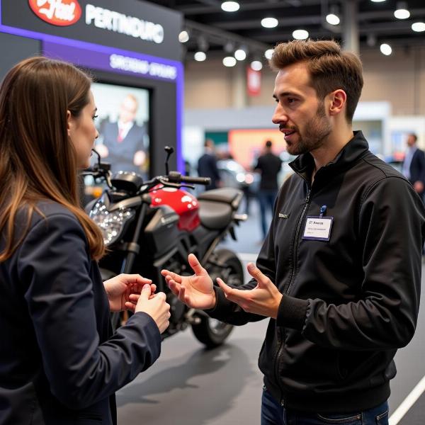 Un conseiller explique les caractéristiques d'une moto à un client au salon auto moto Strasbourg