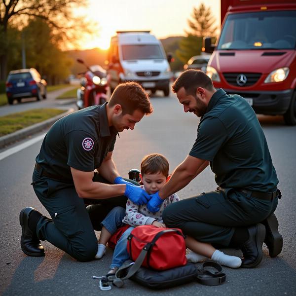 Secours d'urgence après un accident de moto impliquant un enfant blessé