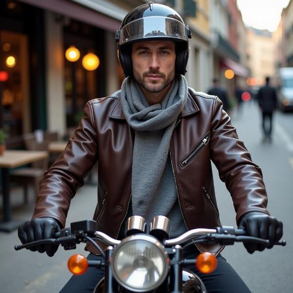 Tour de cou moto vintage en cachemire gris, porté par un motard sur une moto classique devant un café.