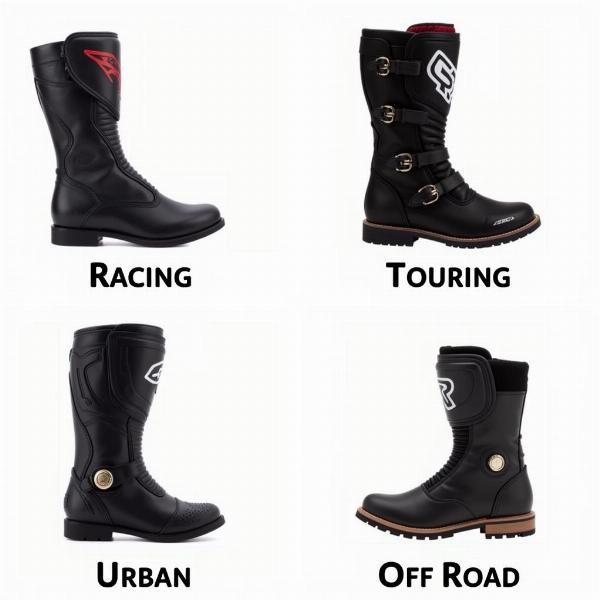 Différents types de bottes de moto pour divers usages : racing, touring, urbain, cross.