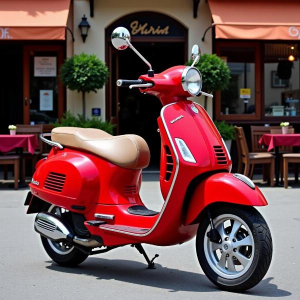 Vespa GTS Super Sport rouge vif garée devant un café