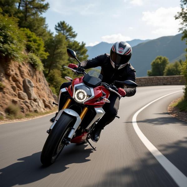 Aprilia 125 Tuono en action sur une route sinueuse