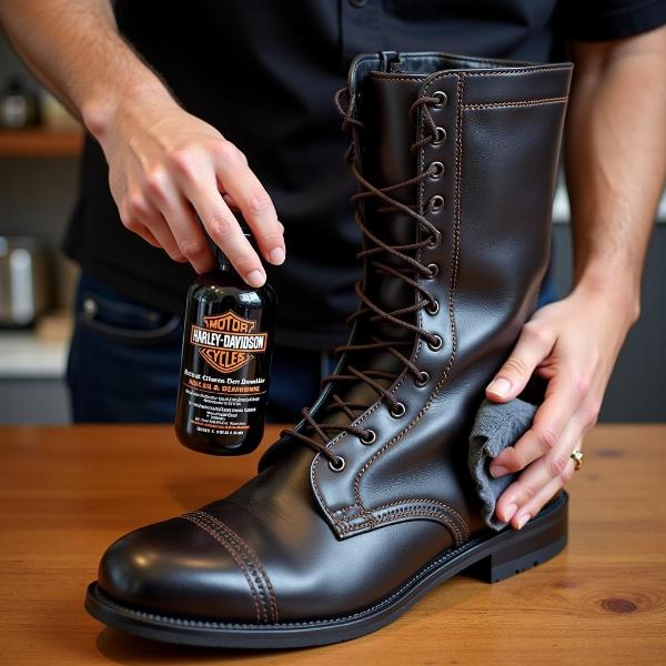 Nettoyage et entretien de bottes moto Harley Davidson homme en cuir avec des produits spécifiques.