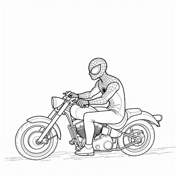 Coloriage de Spiderman sur sa moto, prêt à être imprimé