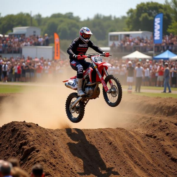 Fond d'écran moto cross: Un pilote effectue un saut spectaculaire au-dessus d'une rampe en terre battue lors d'une compétition de motocross.