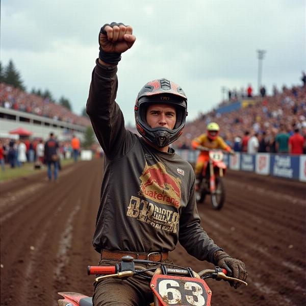 Jean-Michel Bayle célèbre une victoire en motocross