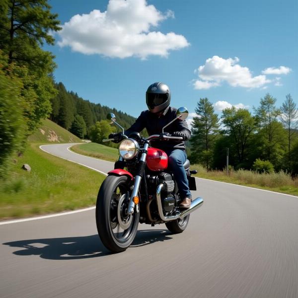 Moto Guzzi V7 850 en action sur une route de campagne sinueuse.