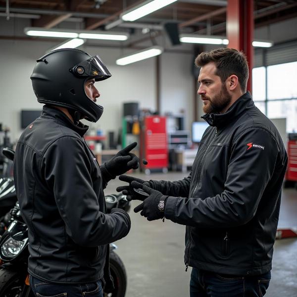 Optimiser son temps chez le mécanicien : Un motard discutant avec un mécanicien pour planifier l'entretien de sa moto.