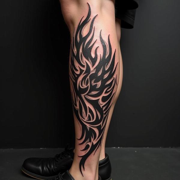 Tatouage tribal moto sur la jambe