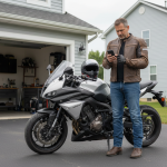 Motard devant son garage avec sa moto, smartphone en main, parlant assurance moto temporaire