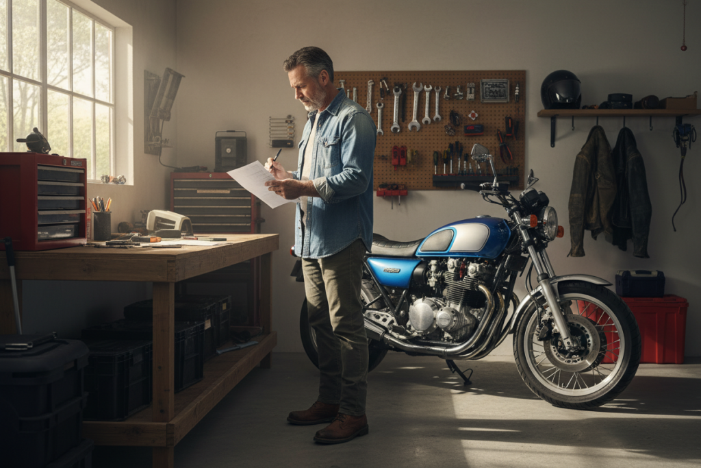 Motard gare sa moto dans un garage, consulte des papiers d’assurance