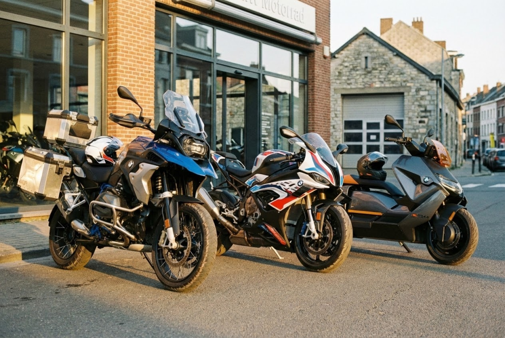 BMW R 1300 GS, M 1000 RR et CE 04 alignés devant un garage moderne, lumière de fin de journée