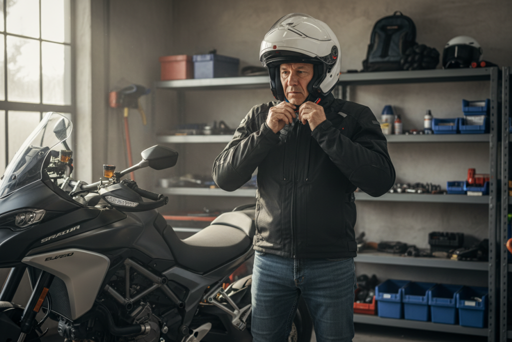 Motard ajustant un casque ECE 22.06 près de sa moto dans un garage lumineux