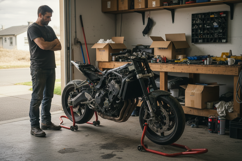 Motard dans son garage devant sa moto, pièces BST Moto et cartons au sol