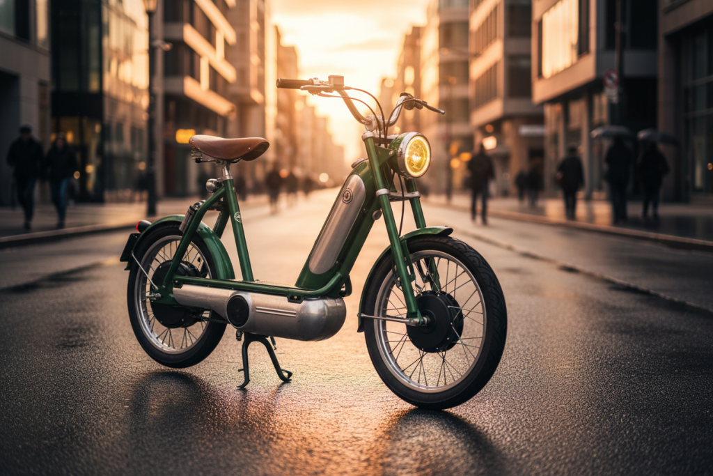 Mobylette Peugeot 103 néo-rétro convertie en électrique, garée dans une rue urbaine moderne, en fin d’après-midi, avec immeubles en arrière-plan, sol légèrement mouillé et lumière naturelle douce mettant en valeur la batterie logée dans le cadre et le moteur discret sur la roue arrière.